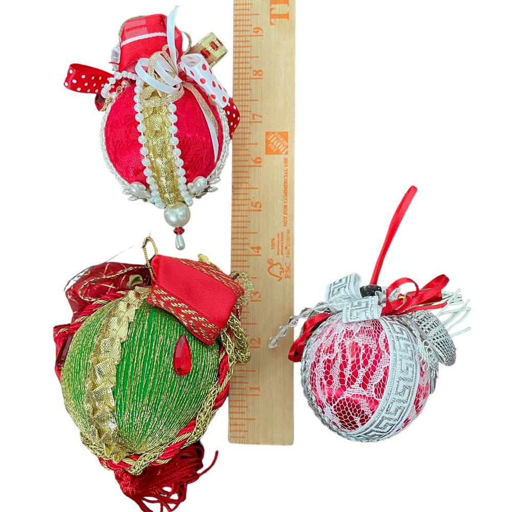 Homemade Christmas Ornaments Vtg Lot of 3 Red Green Styrofoam Pin Ribbon Lace